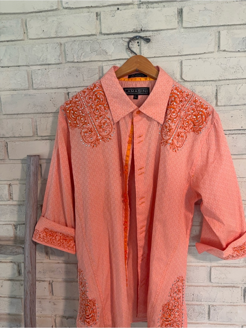 Lamasini Men's Coral Embroidered Western Shirt